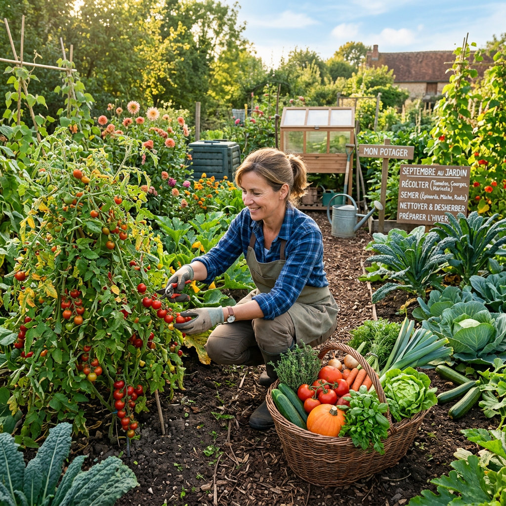 Gardener harvesting tomatoes in a productive vegetable garden