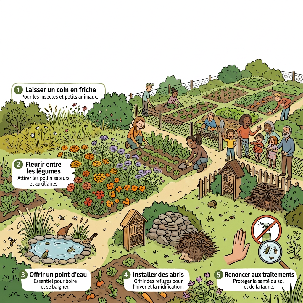 Affiche en français : « Cinq gestes pour accueillir la biodiversité dans sa parcelle » ; laisser un coin en friche, fleurir entre les légumes, offrir un point d’eau, installer des abris, renoncer aux traitements.