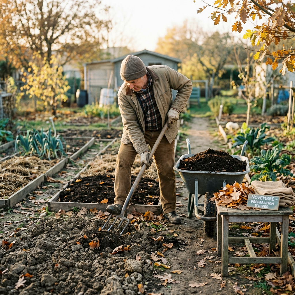 Gardener turning soil beside a wheelbarrow; sign reads “NOVEMBRE - PRÉPARATION D’HIVER.”